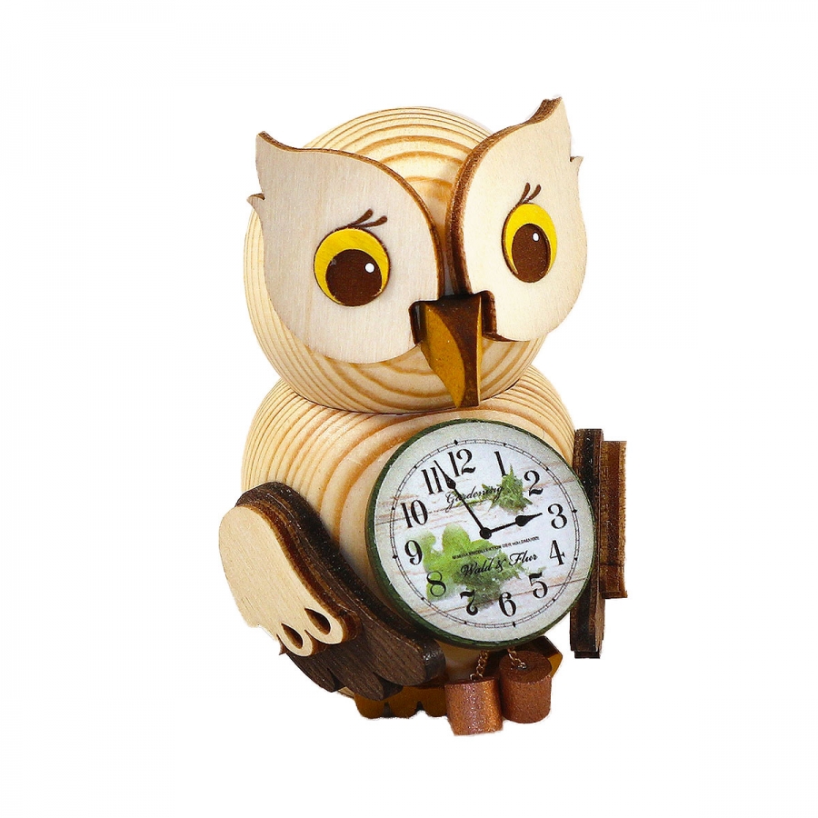 Holzfigur Mini-Eule mit Uhr 